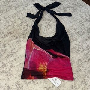 Windsor Black Halter Top with Pink Tie-Dye Accent